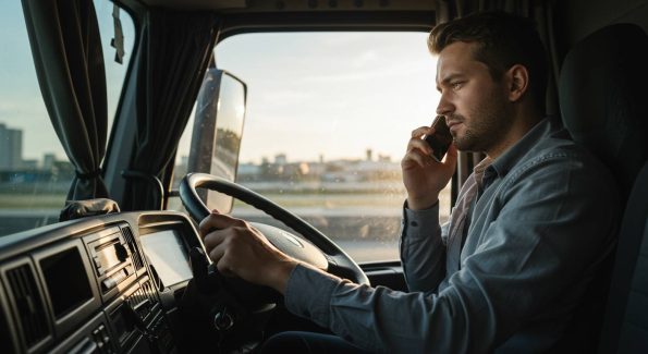 A male truck driver in a grey shirt is holding the steering wheel with one hand while talking on a mobile phone with the other. He appears focused but engaged in a conversation, highlighting the risks of distracted driving in heavy vehicles. The background shows a blurred road and cityscape at sunset.