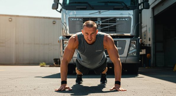 A physically fit truck driver in a grey sleeveless shirt is performing push-ups on the pavement in front of a large truck. He appears focused and determined, highlighting the importance of exercise and well-being for long-haul drivers to maintain their health and endurance on the road.