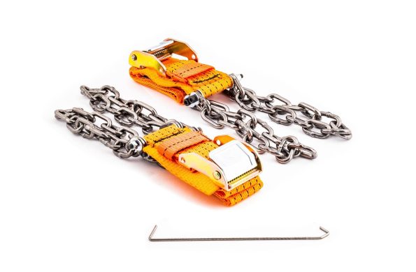 A set of two heavy-duty cargo tie-down chains with bright orange ratchet straps and metal cam buckles. The chains are designed for securing heavy loads on trucks and trailers. The image also includes a metal tensioning tool for adjustments, all set against a clean white background.