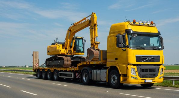 A large yellow semi-truck with a flatbed trailer is transporting a heavy-duty excavator along a highway. Both the truck and excavator are painted in matching yellow, indicating they may belong to the same construction company. The excavator's arm is secured, and the vehicle is properly loaded for transport. The background features open fields and a clear blue sky, highlighting a smooth and efficient logistics operation.