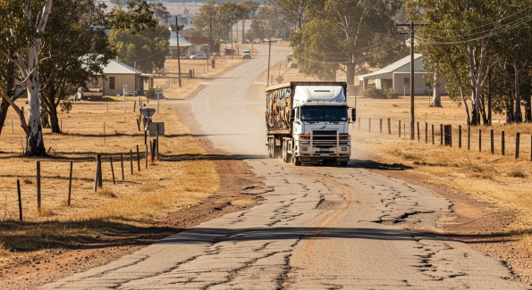 A large white semi-truck with a colorful cargo trailer drives down a cracked and worn rural road, kicking up dust. The road is lined with wooden fences, dry grass, scattered trees, and power lines, with small houses in the background under a warm, sunny sky.