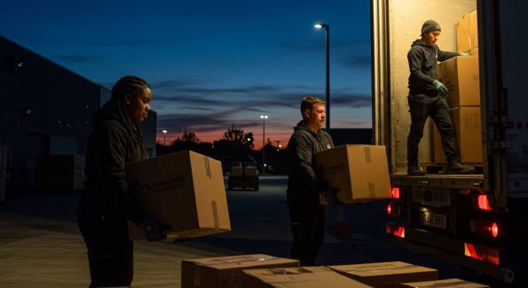 A team of workers is loading and unloading boxes from a truck at dusk, with the sky transitioning from sunset to night. The scene is illuminated by truck lights and street lamps, highlighting the importance of teamwork, efficiency, and safety in night-time logistics and freight handling.