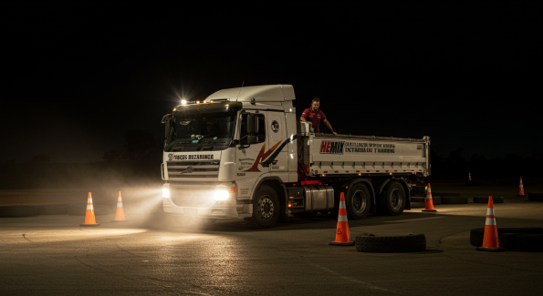 A white Volvo semi-truck is maneuvering through an outdoor training course at night, surrounded by orange traffic cones and tires. The truck's headlights illuminate the smoky air as a man stands in the truck bed, guiding the driver. The dark background contrasts with the bright lights, emphasizing the controlled environment for truck driving practice.